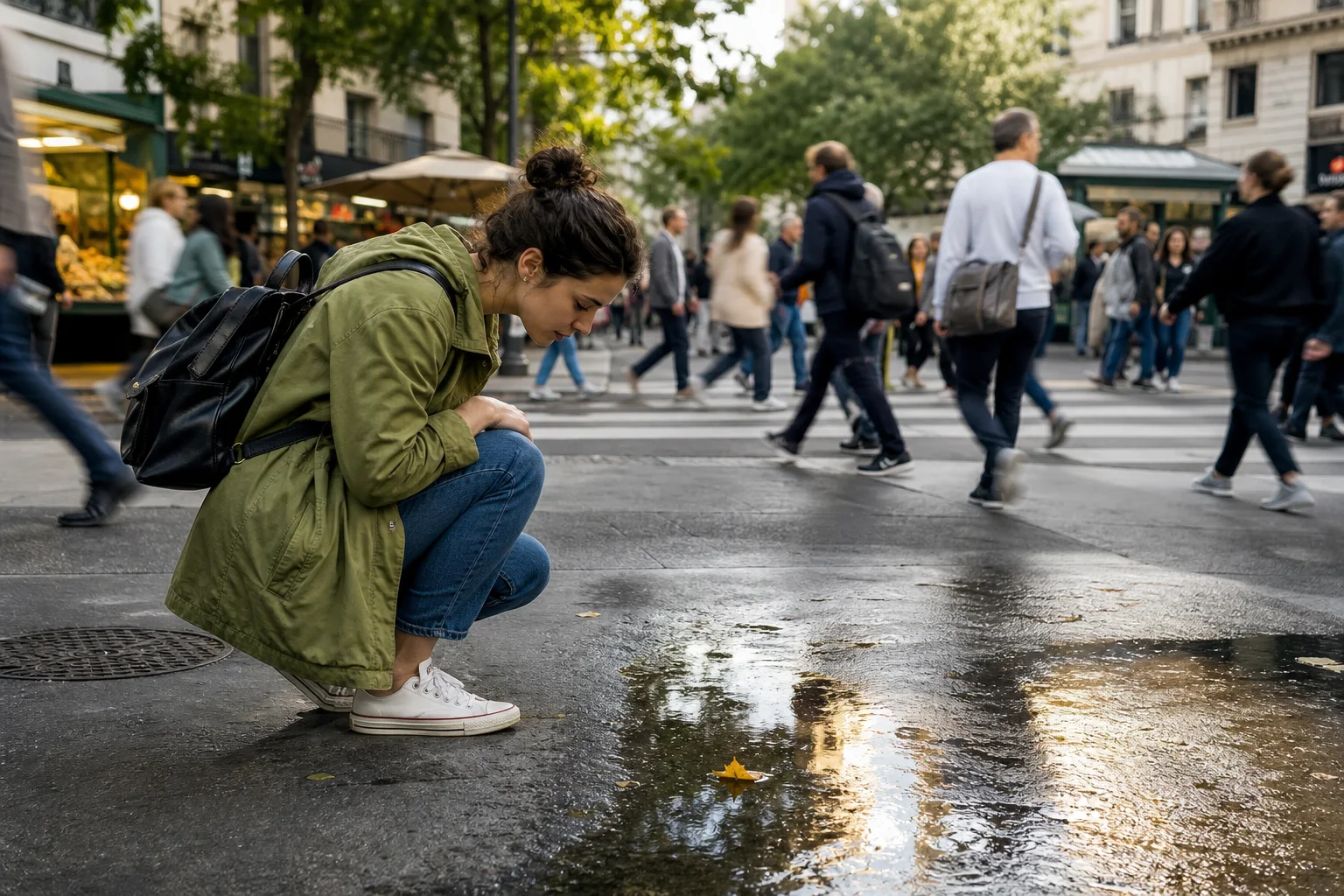 Mujer observando el reflejo de la luz y una hoja en un charco mientras la ciudad continúa en movimiento