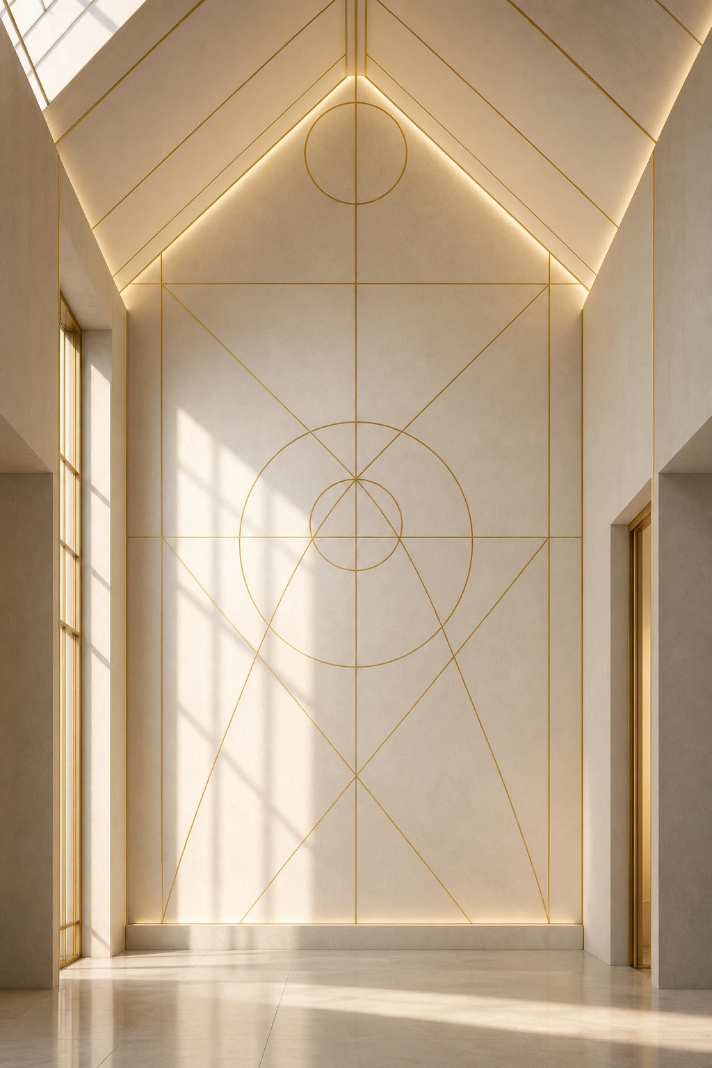 Escuadra y compás en una composición sobria y luminosa sobre piedra clara, con luz suave y espacio amplio