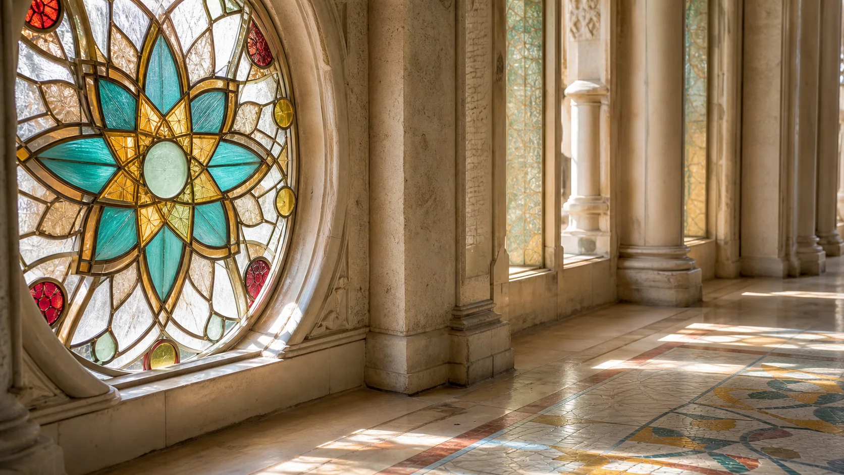 Vitral luminoso y arquitectura sobria, como imagen de los símbolos teosóficos y sus capas de lectura