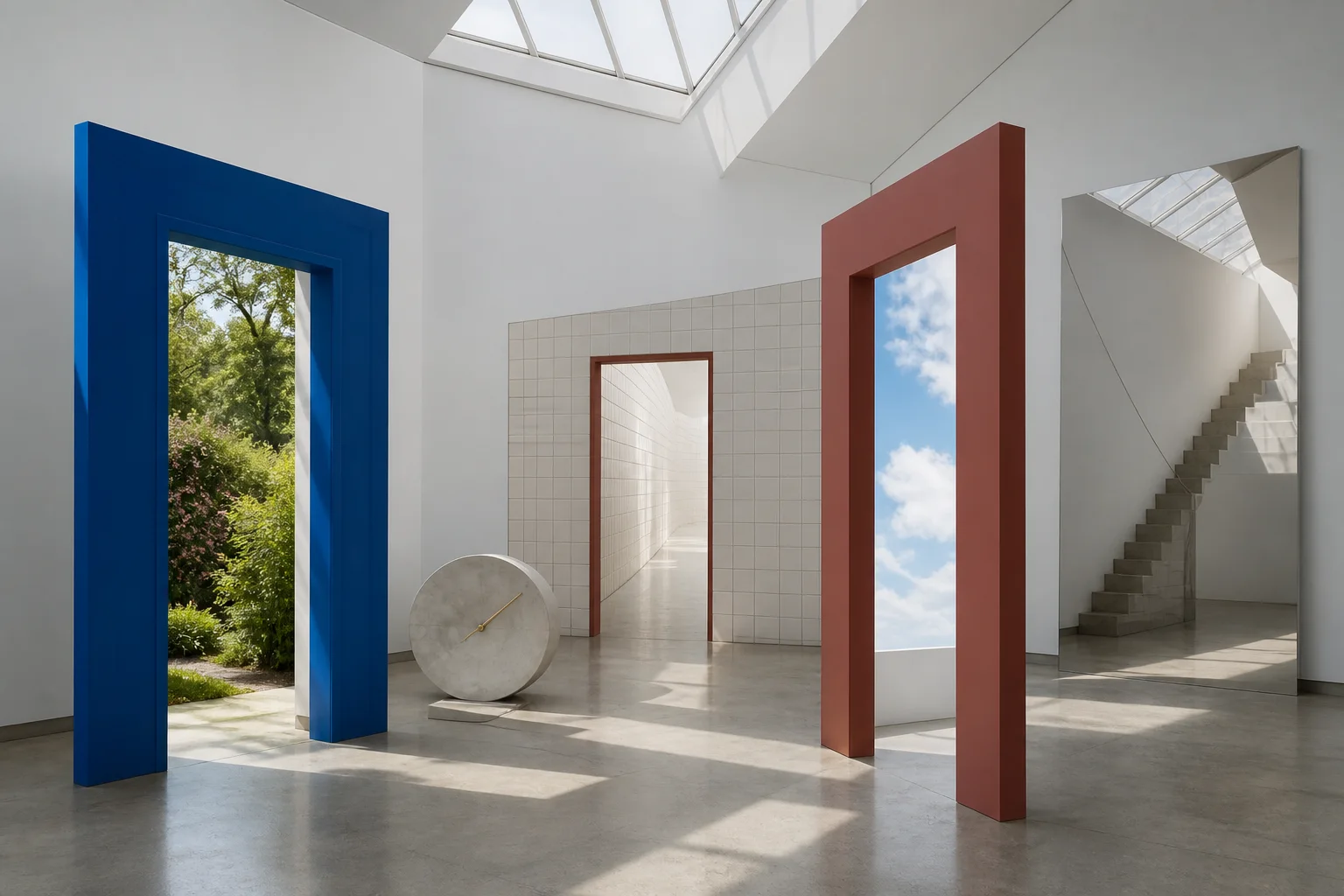 Instalación surrealista luminosa con puertas de colores, un reloj escultórico y perspectivas arquitectónicas diferentes