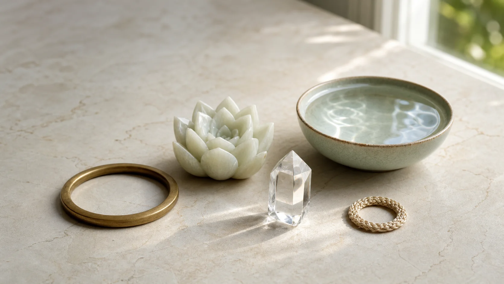 Composición luminosa con objetos simbólicos, agua y luz suave para representar karma y reencarnación en la Teosofía