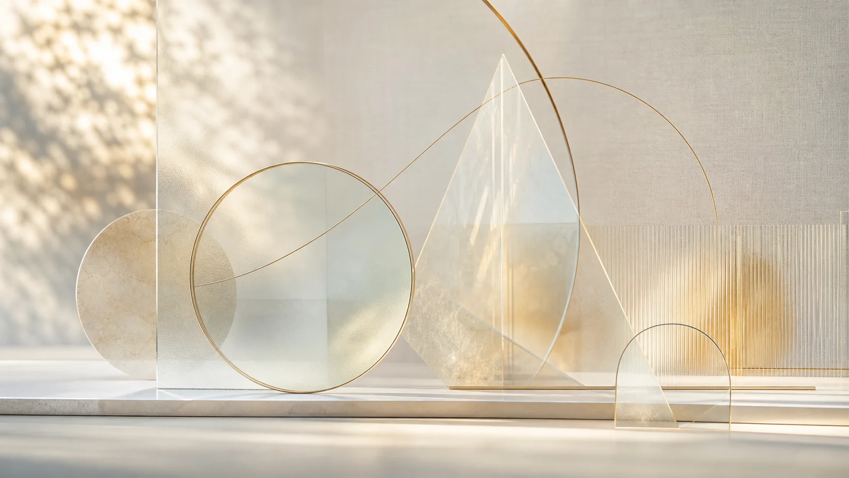 Geometría abstracta luminosa de vidrio y líneas doradas, como imagen de diálogo entre tradiciones en la Teosofía