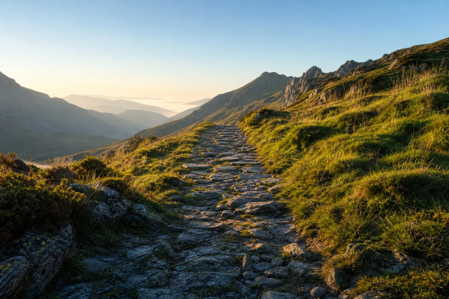Sendero de piedra hacia un paso de montaña iluminado al amanecer